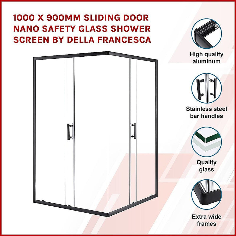 1000 x 900mm Sliding Door Nano Safety Glass Shower Screen By Della Francesca