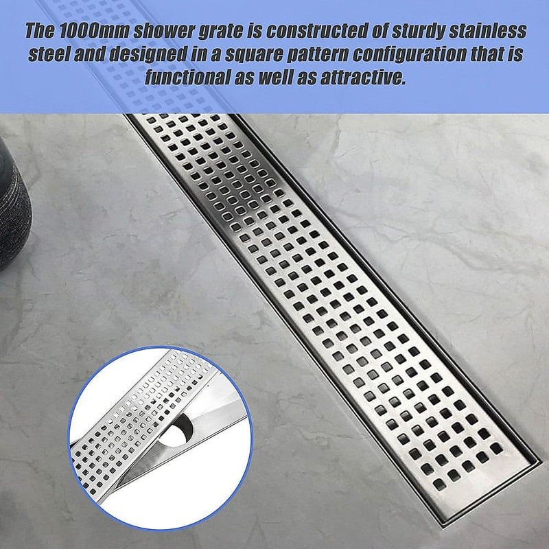 1000mm Bathroom Shower Stainless Steel Grate Drain w/Centre outlet Floor Waste Square Pattern