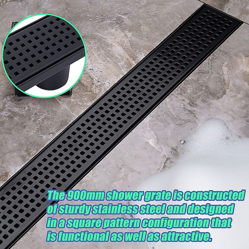 900mm Bathroom Shower Black Grate Drain w/Centre outlet Floor Waste Square Pattern