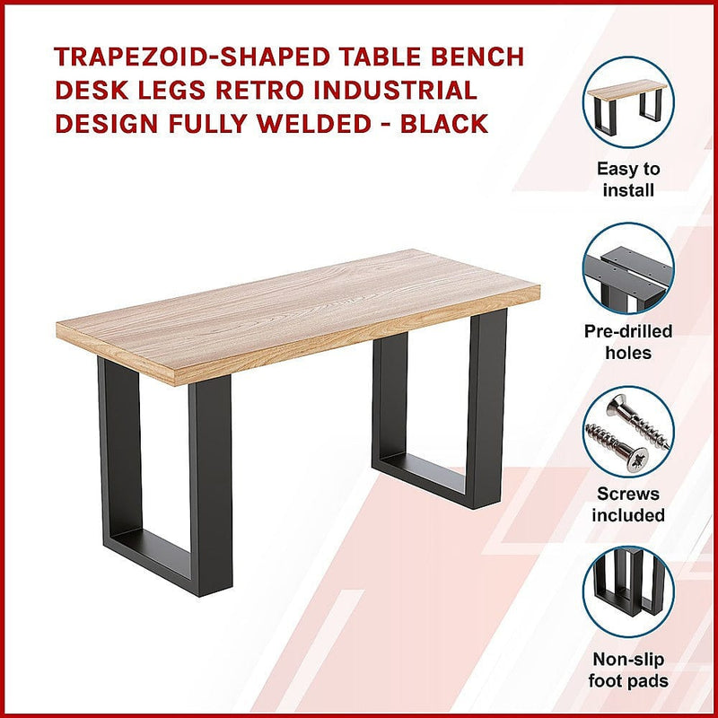 Trapezoid-Shaped Table Bench Desk Legs Retro Industrial Design Fully Welded - Black