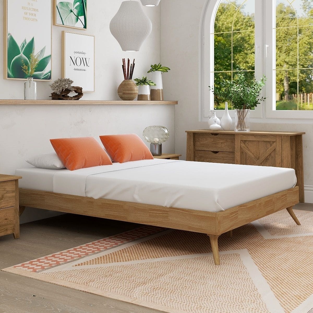 Natural Oak Ensemble Bed Frame Wooden Slat Queen