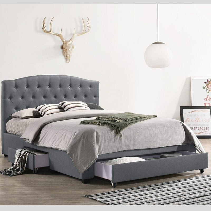 French Provincial Modern Fabric Platform Bed Base Frame with Storage Drawers King Light Grey