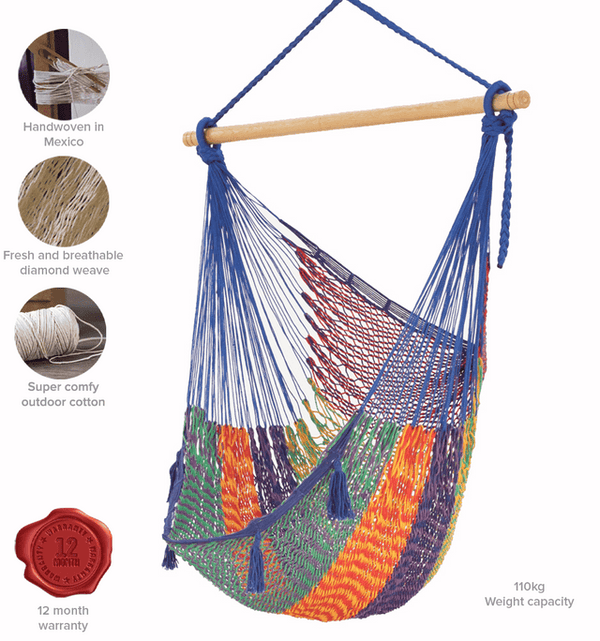 Mayan Legacy Extra Large Outdoor Cotton Mexican Hammock Chair in Mexicana Colour