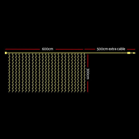 3X6M Christmas Lights Curtain Light Warm White 600 LED Jingle Jollys