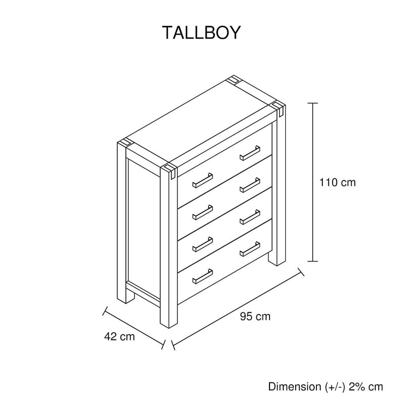 Tallboy with 4 Storage Drawers Assembled in Oak Colour Solid Wooden