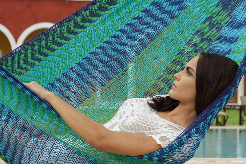 Mayan Legacy Queen Size Outdoor Cotton Mexican Hammock in Caribe Colour